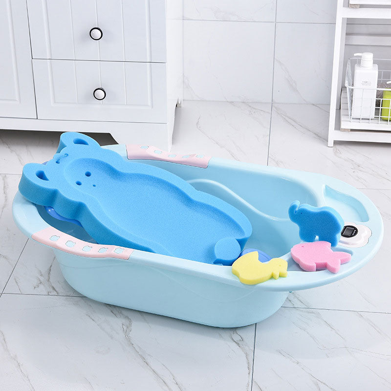 blue baby bath mat in bath tub